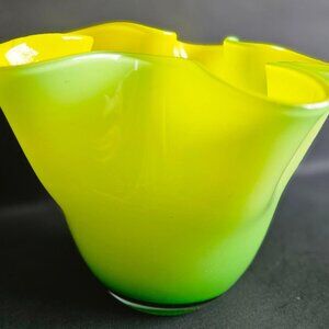 Handkerchief style art glass vase, vibrant green/yellow. 4.5x6